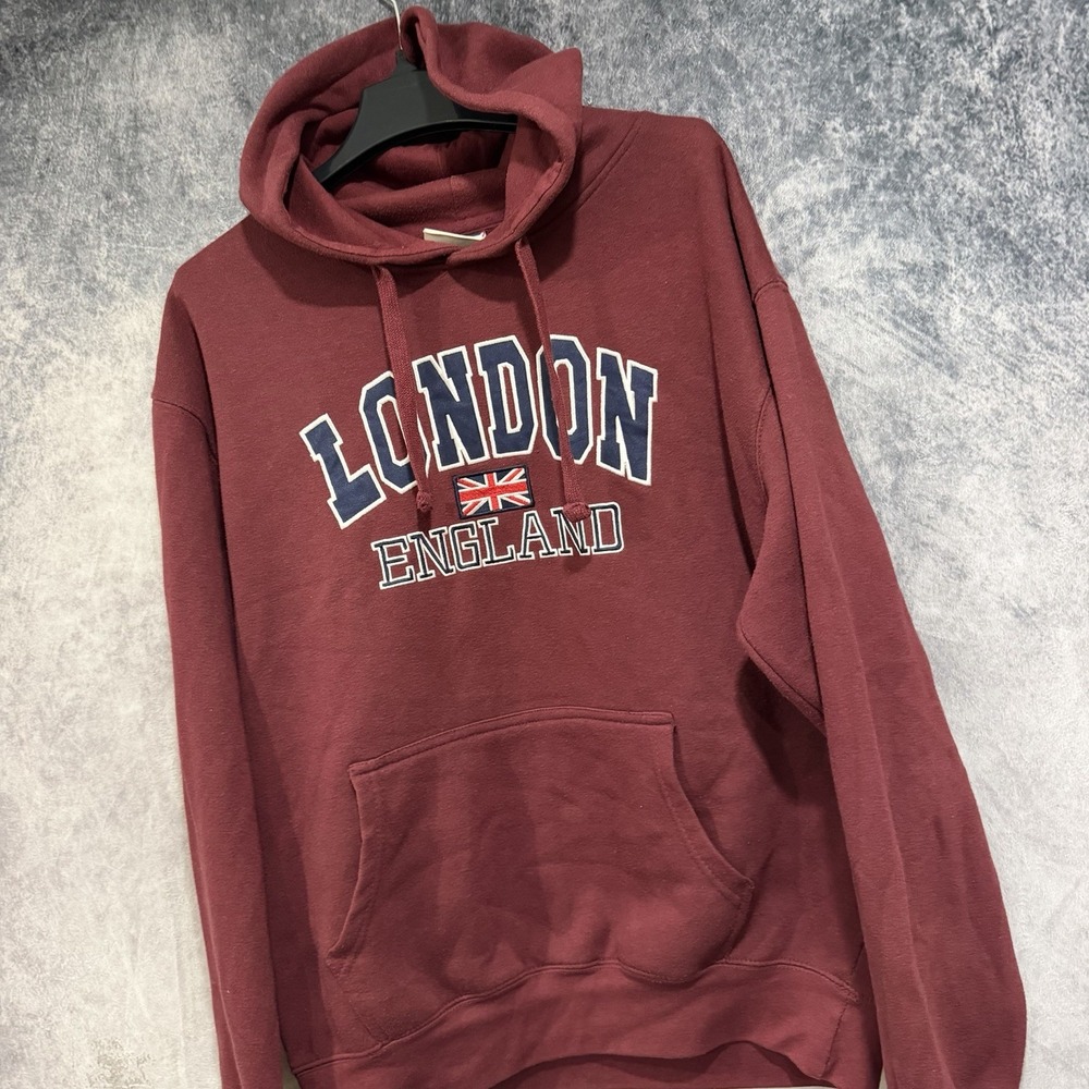 London England Zone One Men’s XL Burgundy Pullover Hoodie Union Jack Souvenir